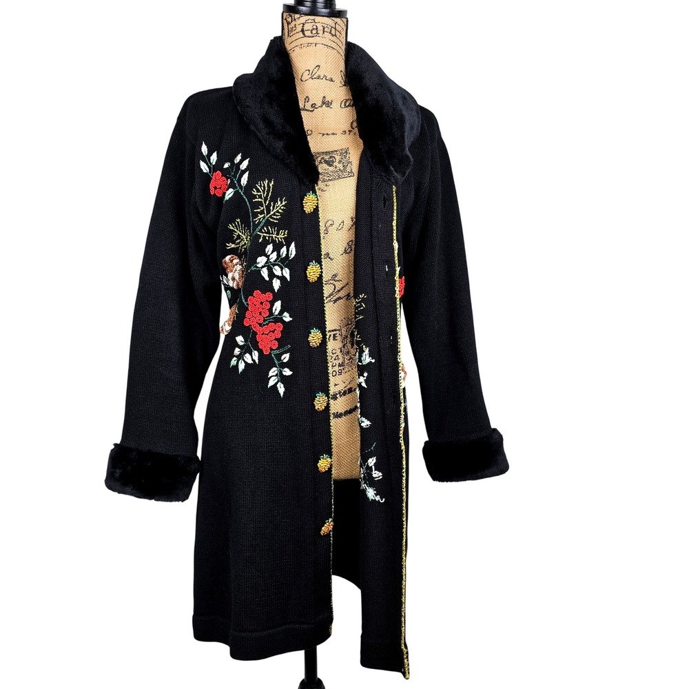 Storybook Knits Black Beaded Floral Cardigan Sweater Coat Faux Fur Trim Medium - Picture 2 of 16